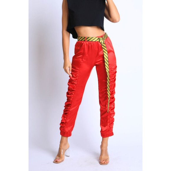 Women's Casual Satin Shirring Long Cuffed Pants With Belted Daily Outdoor Comfy - Picture 2 of 12